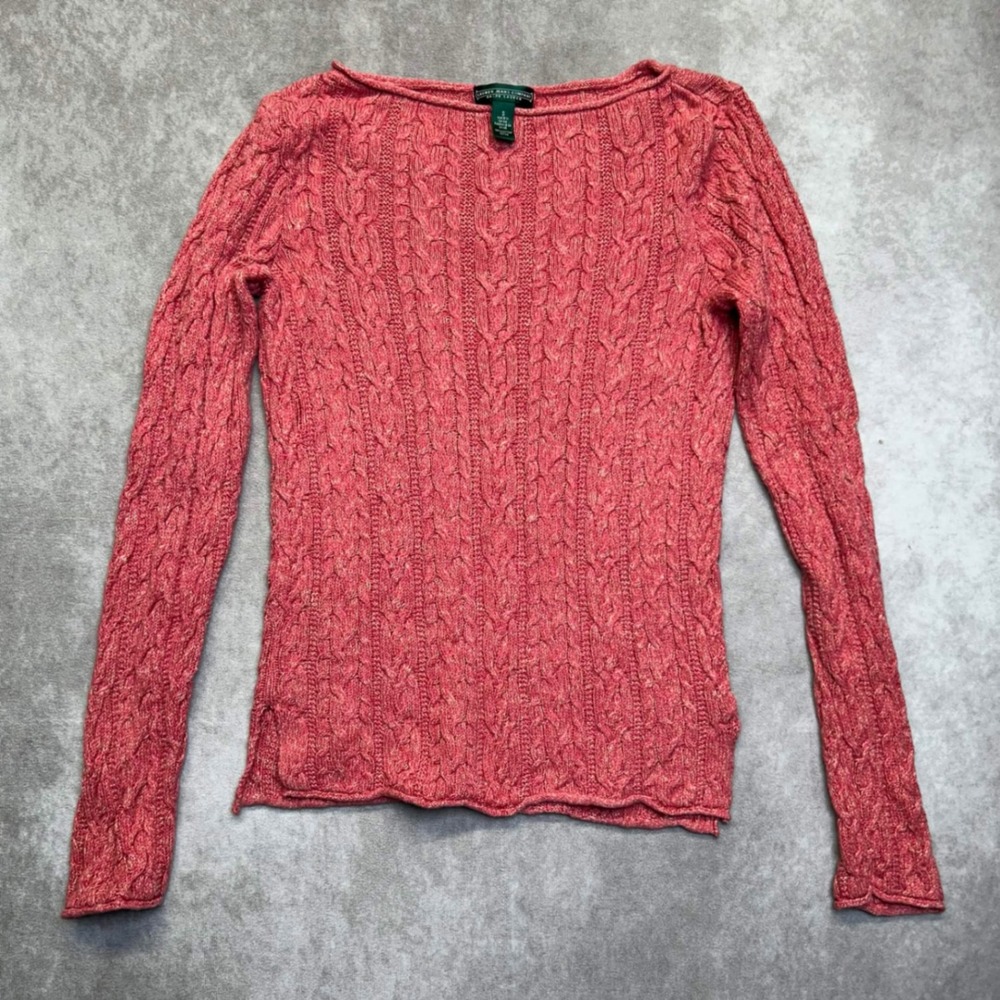 Lauren Ralph Lauren Women S Pink Cable Knit Cotton Boat Neck Sweater Small